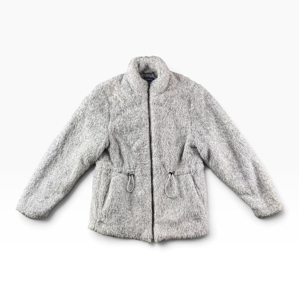 Democracy Womens M Faux Fur Teddy Jacket Gray Full Zip Drawstring Waist Cozy